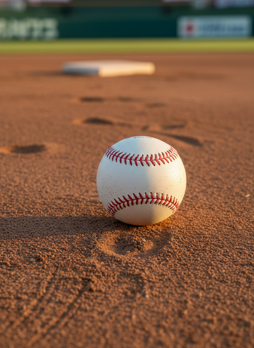 A tightly framed, photographic realistic image of a brand-new official NPB baseball resting precisely on the edge of the pitcher’s mound at Rakuten Mobile Park Miyagi. The leather surface is bright white with clearly textured grain and vivid red stitching, slightly dusted with infield dirt. Behind it, the mound’s sloped clay shows subtle cleat marks and groomed ridges, fading into a softly blurred view of the straight, ivory-colored pitching rubber. The background hints at lush green grass and the faint colors of outfield advertising boards. Captured from a very low, near-ground angle with shallow depth of field and soft golden hour lighting that creates warm highlights and delicate shadows, the mood is focused, tense, and analytical, suitable for pitching matchup or game preview content.