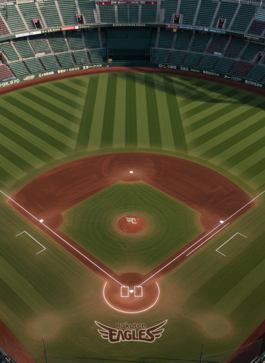 An immaculate aerial, photographic realistic view of Rakuten Mobile Park Miyagi’s baseball diamond just before first pitch, with the infield dirt raked into perfect concentric patterns and the outfield grass mowed into crisp alternating stripes. At home plate, a freshly chalked batter’s box and brilliant white base stand out against the rich brown earth, while the deep maroon Rakuten Eagles logo is painted boldly behind home plate. Empty green and maroon seats form a structured pattern in the background. Captured under clear late-afternoon sunlight that creates defined but soft shadows of the foul poles and backstop netting, the composition uses a wide, overhead angle with sharp focus throughout, conveying a sense of anticipation and the grandeur of game day for schedule or preview articles.