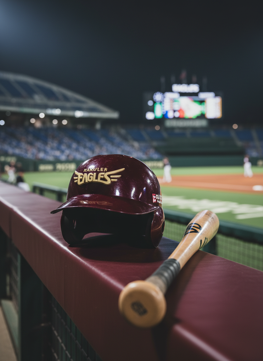 A crisp, photographic realistic close-up of the Rakuten Eagles’ maroon batting helmet resting on the padded top of a dugout railing. The helmet’s glossy surface reflects a hint of the stadium lights and the geometric pattern of the seating, while the gold Eagles wing logo is perfectly sharp and centered. Next to it lies a slightly scuffed wooden bat with a taped handle, its barrel pointing toward the brightly lit field beyond. The background captures a softly blurred outfield and distant scoreboard. Shot from a slightly low, sideline angle with shallow depth of field under bright night-game stadium lighting that creates distinct highlights and controlled shadows, the mood is intense and competitive, ideal for breaking news or highlight stories about key plays and clutch performances.